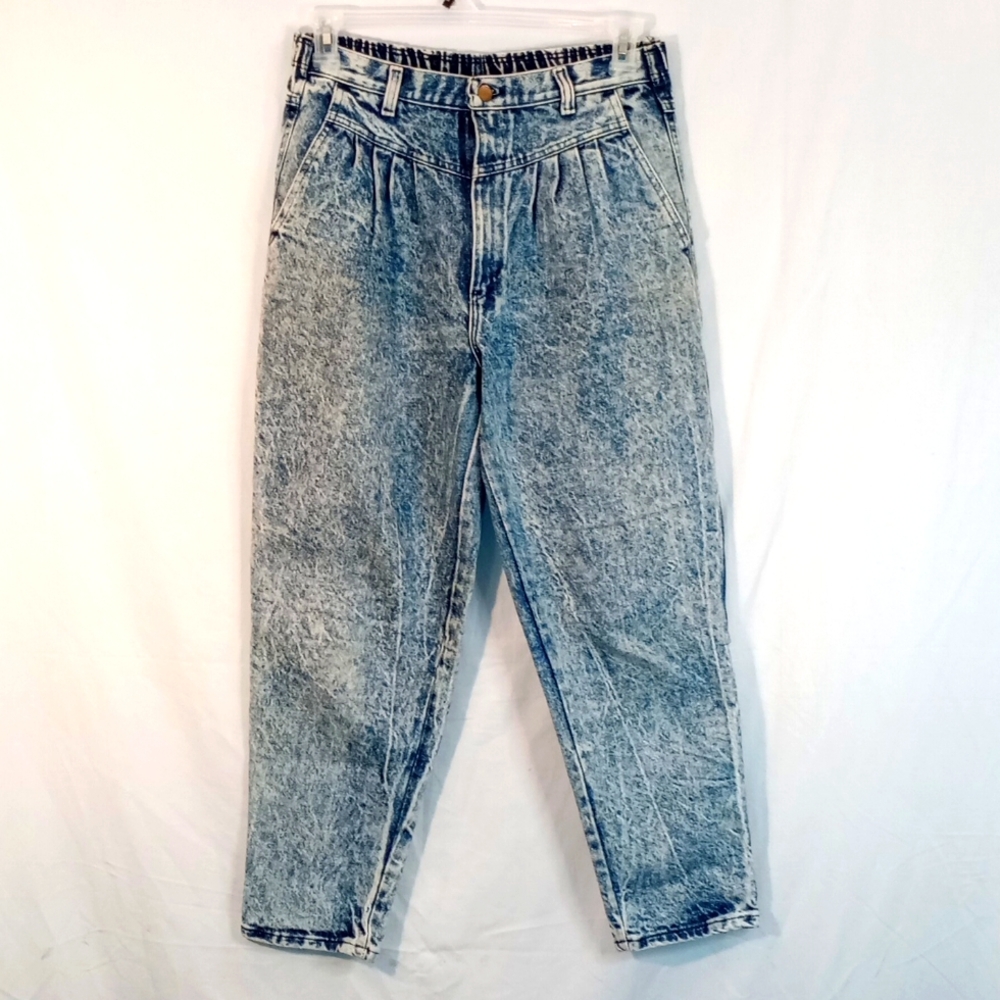 Vintage 100% Cotton High Waisted Acid Washed Blue Denim 80's Mom Jeans Size 12